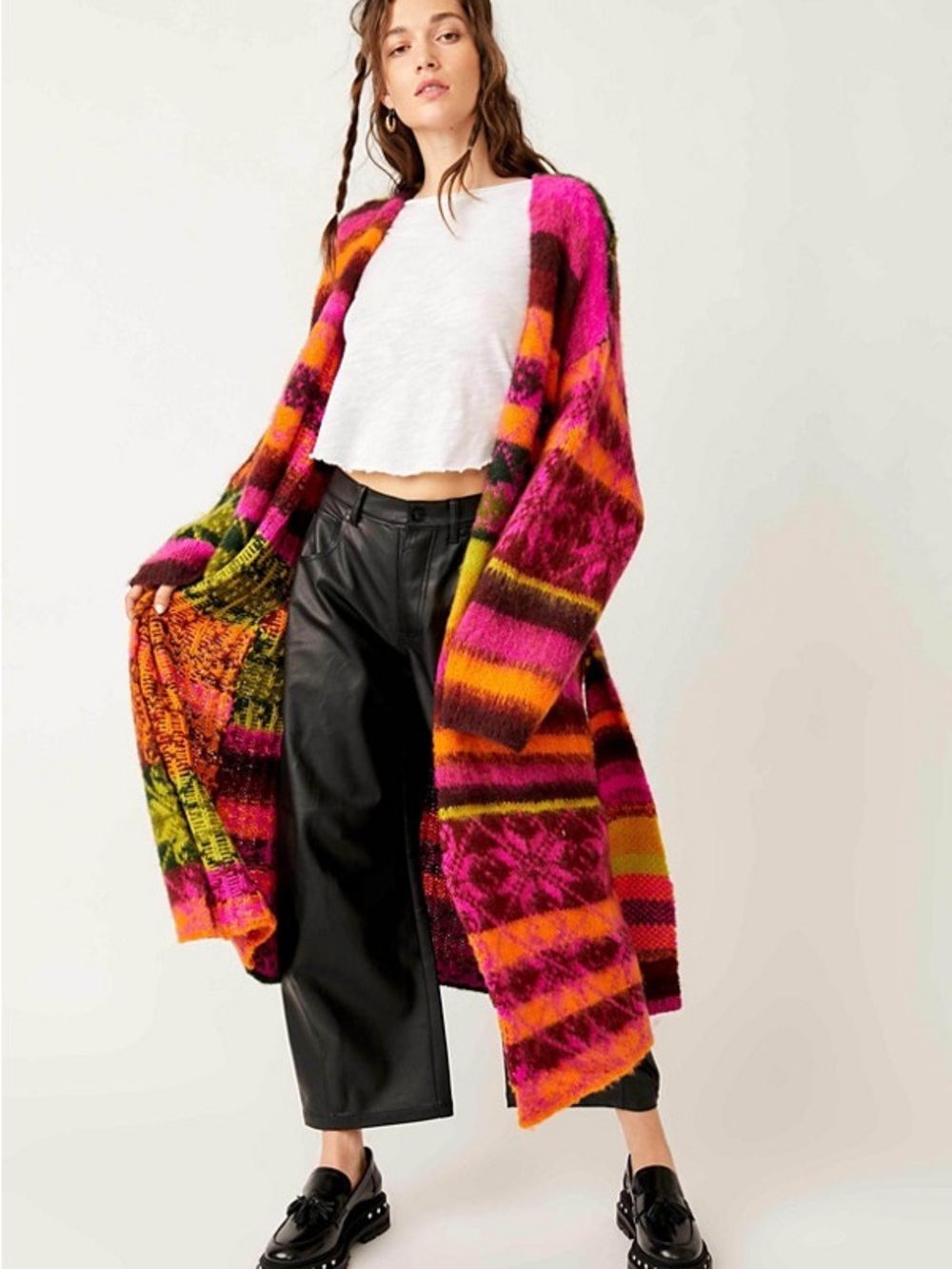 Free People Hot Pink & Orange Multi-Stripe Open Cardigan MISSING BELT